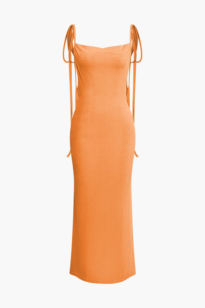 Solid Color French Cowl Neck Backless Tie Maxi Dress