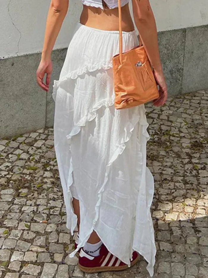 White Vintage Ruffle Slit Midi Skirt