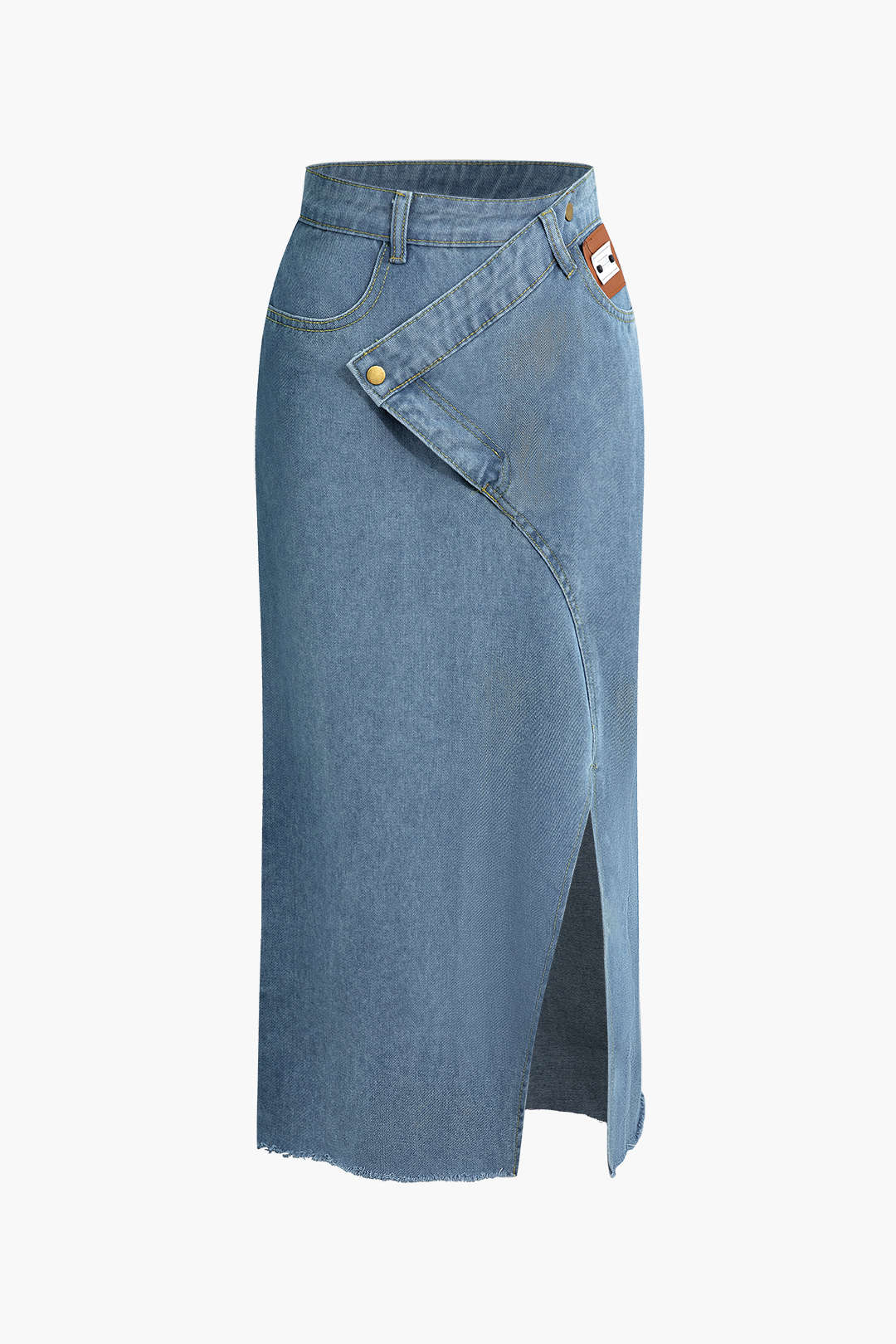 Denim midi-rok met wikkelsplit en label