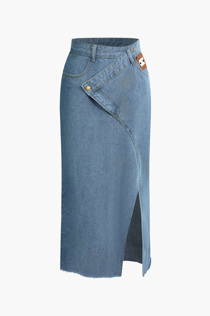 Denim midi-rok met wikkelsplit en label