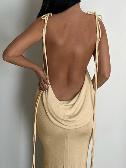Abrikoos Franse backless cami maxi-jurk met striksluiting