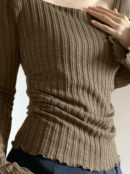 Coffee Vintage Square Neck Flare Sleeve Slim Knit