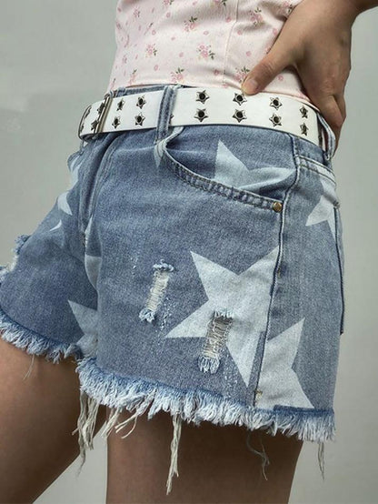 Blue Y2K Star Print Ripped Low Rise Denim Shorts