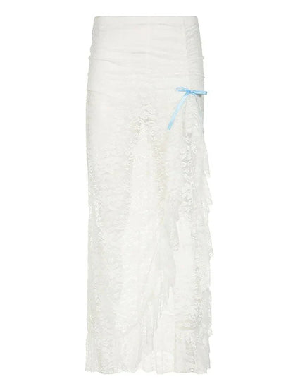White Vintage See-Through Lace Midi Skirt