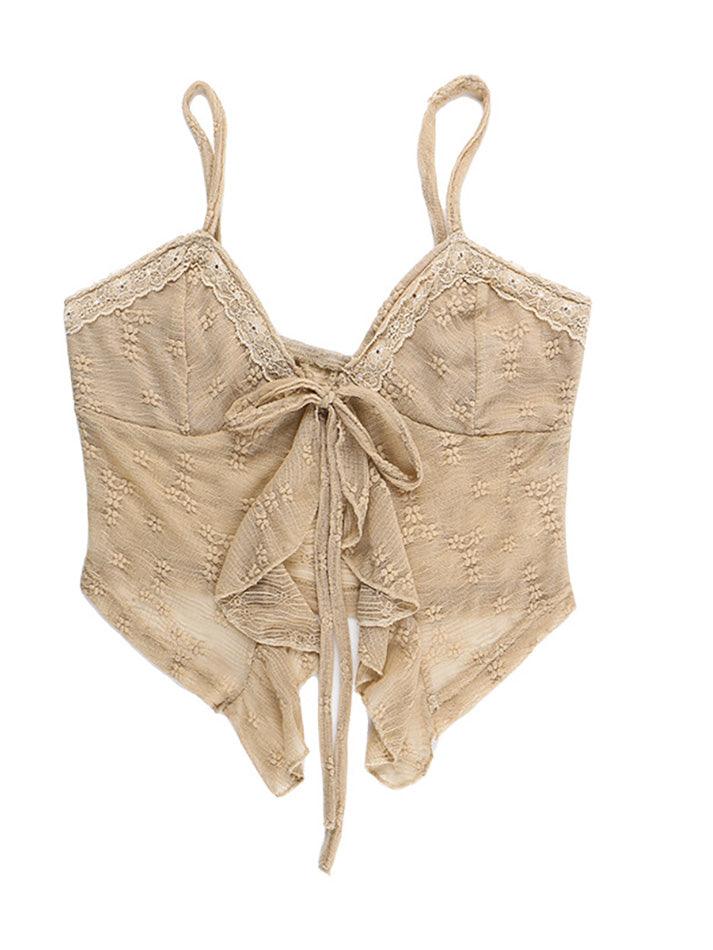 Beige Y2K kanten geknoopte gebreide crop top met ruches en zoom