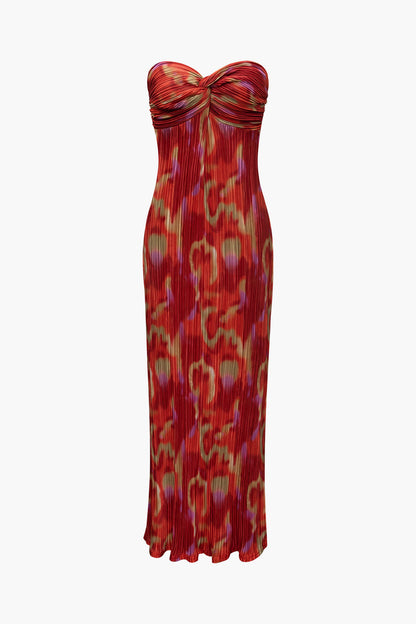 Vintage abstracte print plissé strapless slanke maxi-jurk