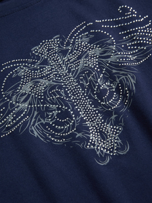 Marineblauw punk kruis strass print bijgesneden T-shirt met korte mouwen