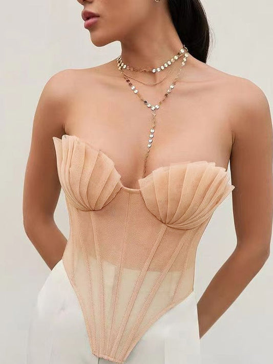 Apricot Pleated Shell Tie Back Mesh Corset Top