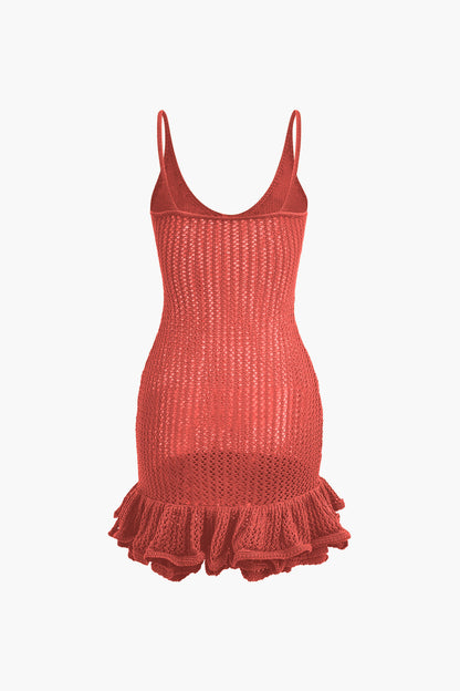 Effen kleur open gebreide cami mini-jurk met ruches en zoom