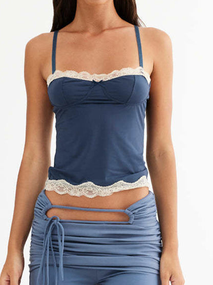 Blauwe vintage cami-top met kanten rand