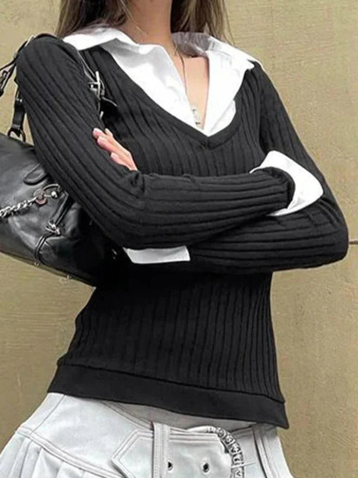 Contrast Color Y2K Polo Neck Splice Faux Two Piece Long Sleeve Knit