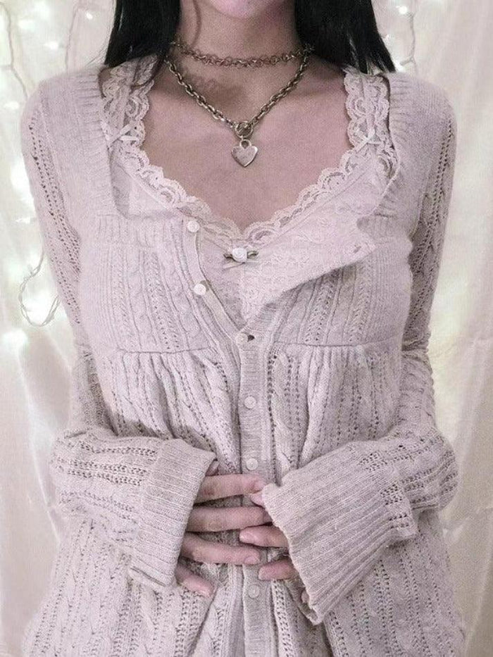 Beige Vintage Pointelle Square Neck Knit Cardigan