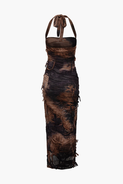 Vintage tie-dye noodlijdende mesh maxi-jurk met split-halter