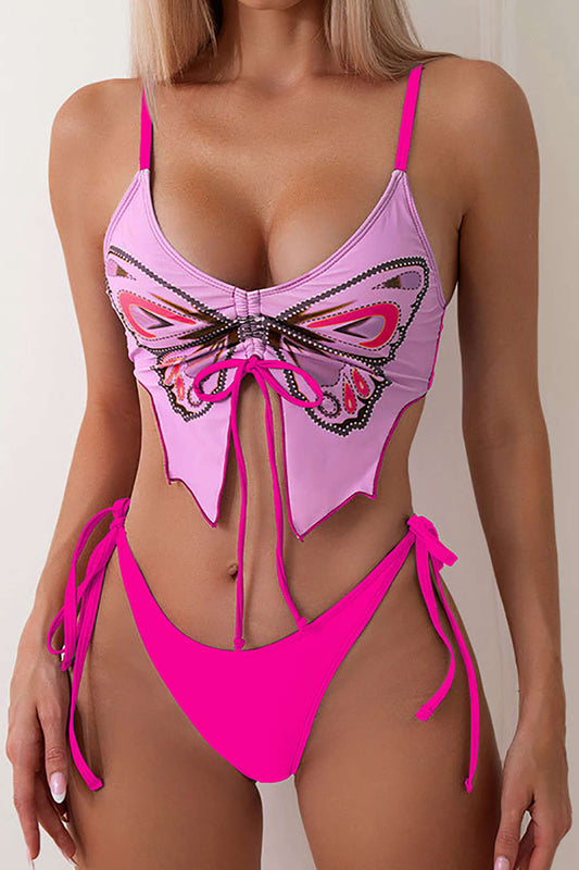 Y2K Butterfly Pattern Lace Up Bikini Set