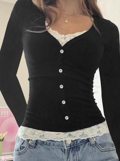 Black Vintage Mock Two Piece Lace Patchwork Long Sleeve Tee