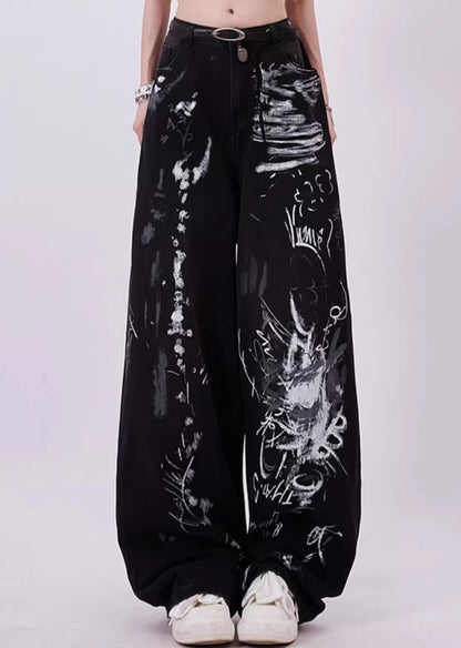 Zwarte grunge graffiti print baggy jeans