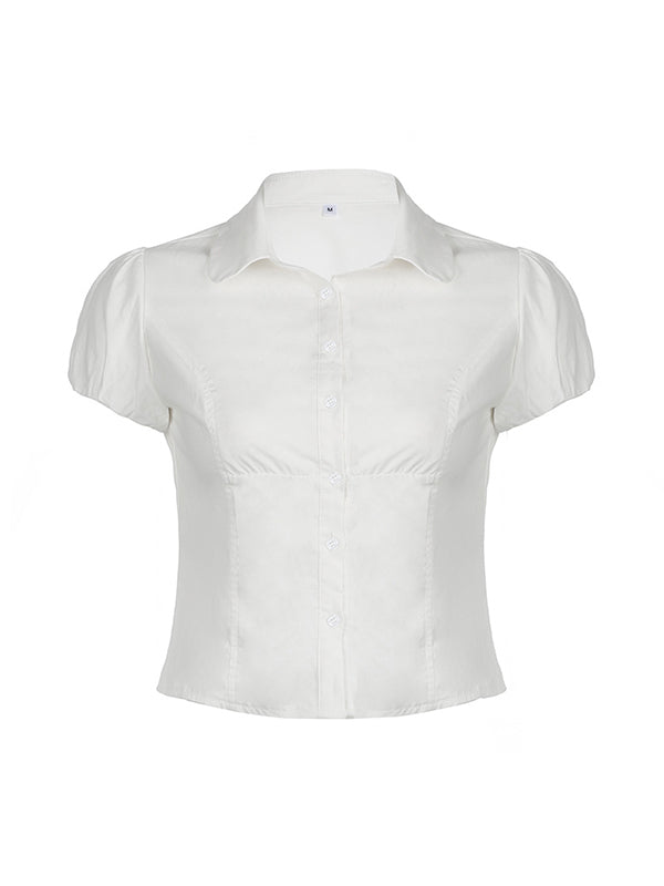 Chemise blanche vintage à manches courtes et col en V à taille fine