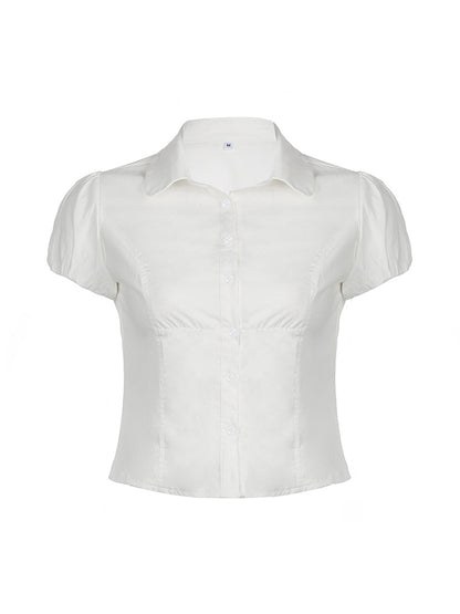 White Vintage Slim Waist V Neck Short Sleeve Shirt