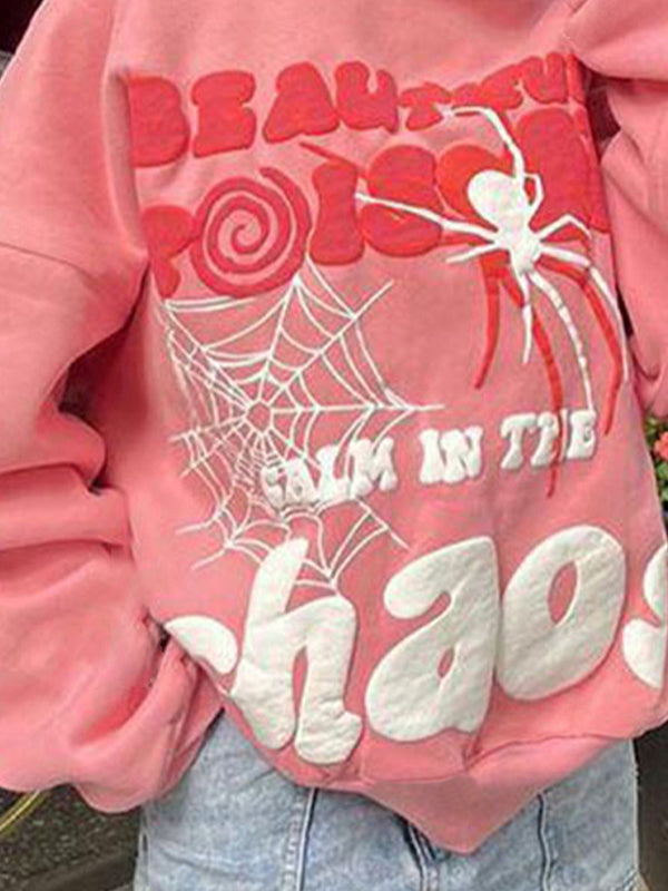 Pink Vintage Hip Pop Letter Spider Web Print Oversized Hoodie