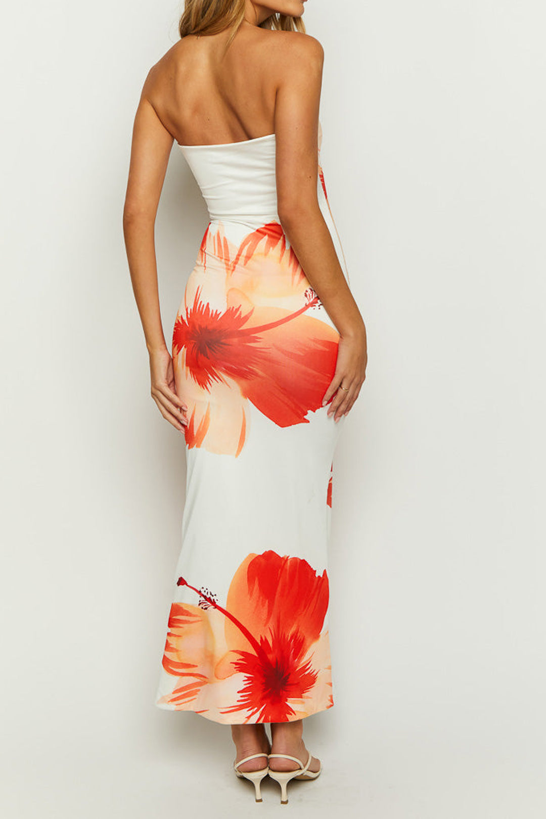 Sunny Sweet Floral Cascade Strapless Slim Midi Dress