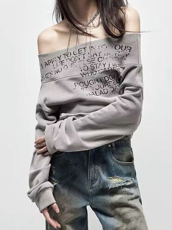 Gray Vintage Letter Print Off Shoulder Sweatshirt