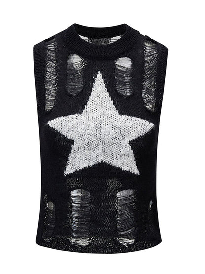 Black Y2K Knitted Hollow Star Tank Top
