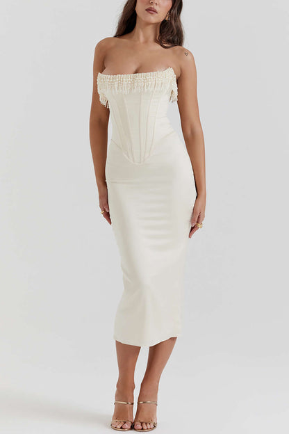 Solid Color Y2k Pearl Braided Eyelet Corset Midi Dress