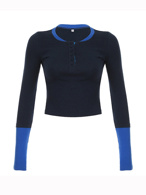 Blue Color Block Stitching Long Sleeve Tee