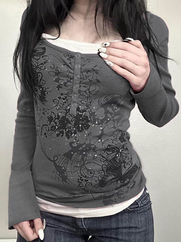 Gray Vintage Butterfly Print Long Sleeve Knit Top