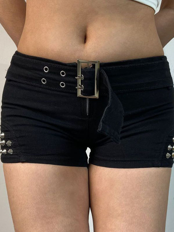 Short en jean noir Punk taille basse avec ceinture et rivet