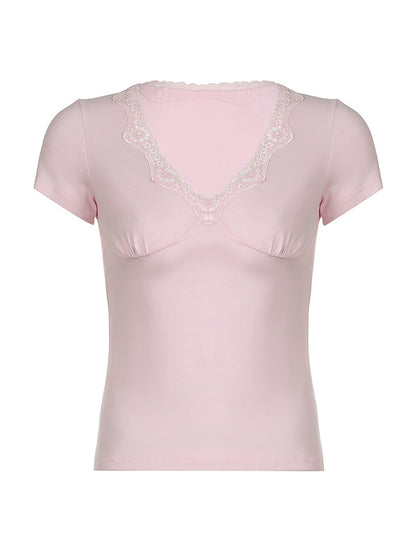 Roze vintage T-shirt met korte mouwen en kanten rand met V-hals