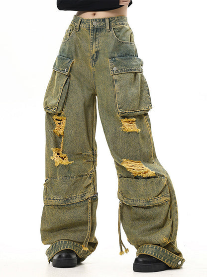 Vintage cargojeans met vervaagd effect en gaten