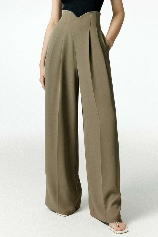 Solid Color 2000s Pleated Asymmetrical Wide Leg Trousers