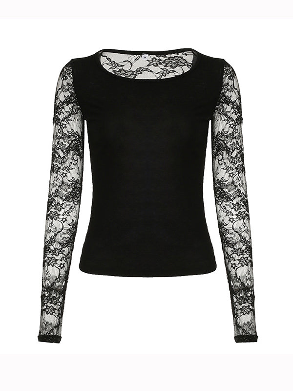 Black Y2k Lace Stitching Long Sleeve Tee