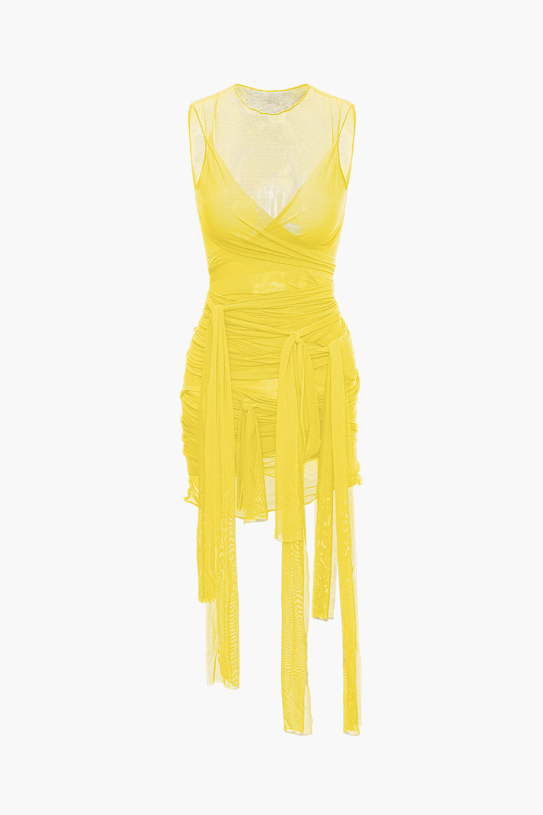 Solid Color Sheer Mesh Wrap Tie Ribbon Mini Dress