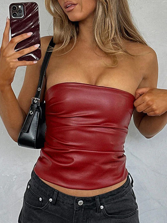 Solid Color Y2k Irregular Leather Bandeau Top