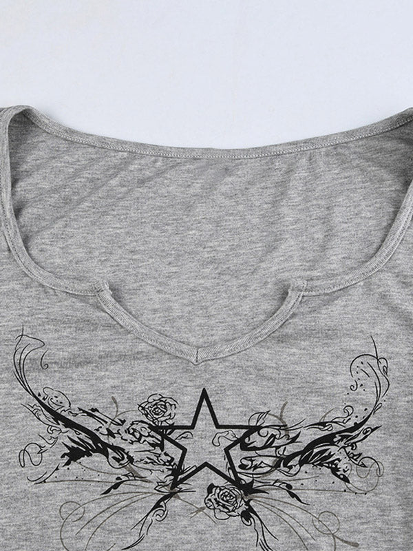 JY Grijs vintage laag uitgesneden cropped T-shirt met lange mouwen en sterrenprint