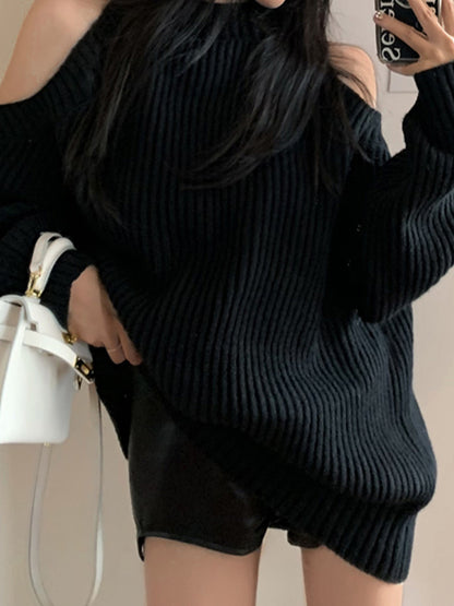 Solid Color Y2k Shoulder Loose Ribbed Sweater