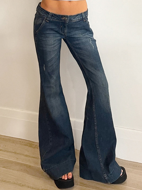 Y2K Washed Effect Distresses Low Waist Flare Jeans