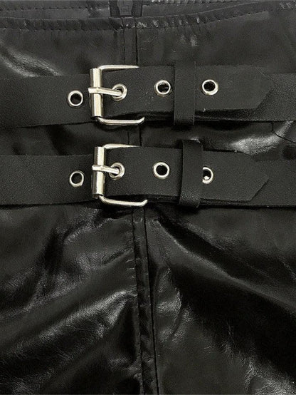 Black Punk Leather Hollow Shorts with Buckle