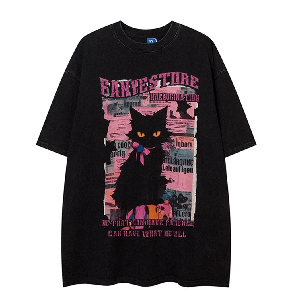 Contrasterende kleur Y2k kattenprint korte mouw T-shirt