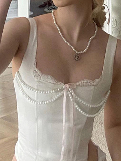 Débardeur corset noué au dos blanc French Pearl avec bordure en dentelle