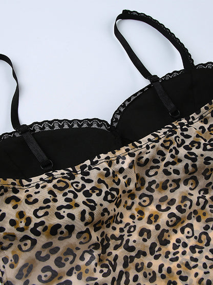 Vintage Bow Lace Splice Cami Top with Leopard Print