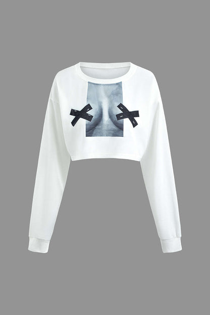 White Y2k Body Print Crew Neck Long Sleeve Cropped Top