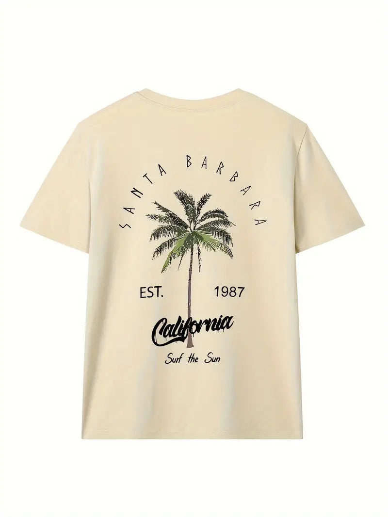 Beige Vintage Coconut Tree Print Crew Neck T Shirt