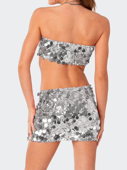 Silver Y2k Sequin Ultra Bandeau Top und Mini Skirt Set