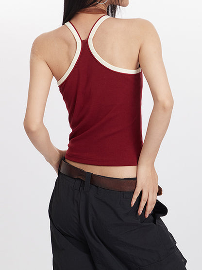 Red Retro Splicing Plain Backless Tank Top