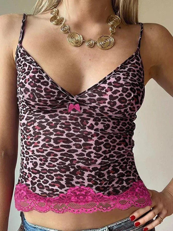 Pink Vintage Leopard Print Lace Stitching Cami Top