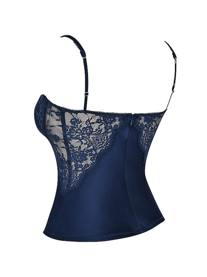 Haut corset slim bleu marine transparent en dentelle épissure