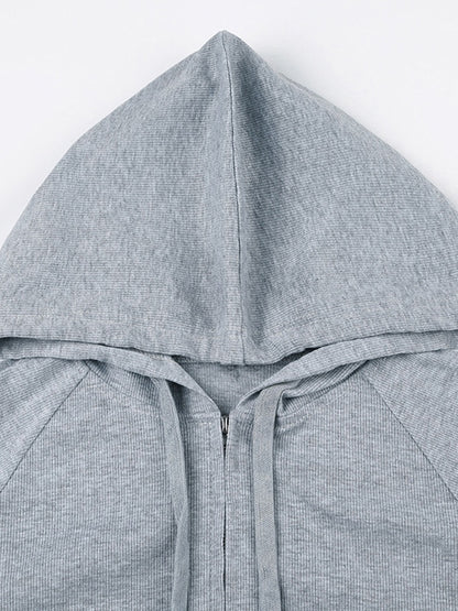 JY Grey Vintage Ribbed Zip Up Drawstring Lange Mouw Hoodie